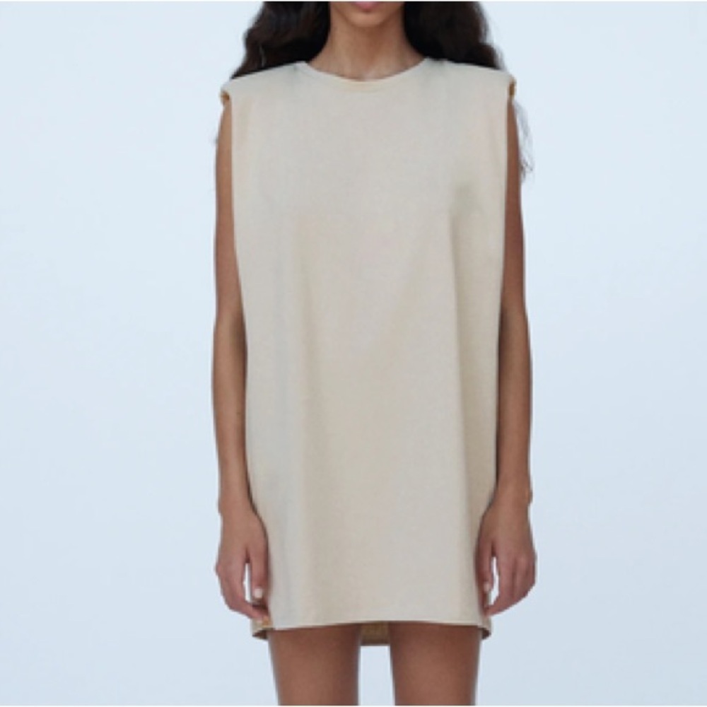 Zara Women S Stone Cotton Modern Minimalist Shoulder Pads Sleeveless Mini Dress